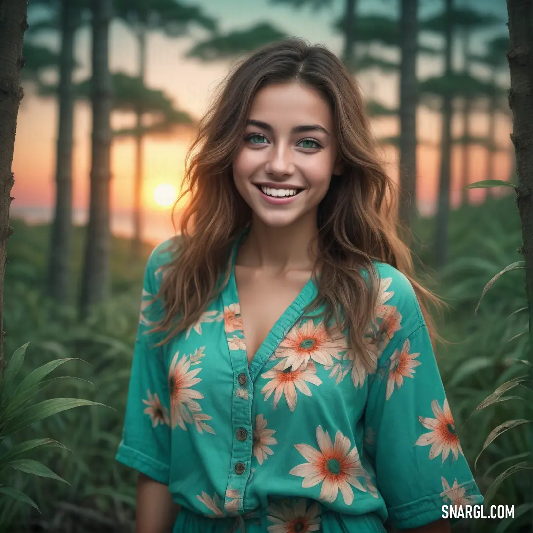 Woman standing in a forest with a sunset behind her and a forest scene behind her. Example of CMYK 66,0,39,0 color.