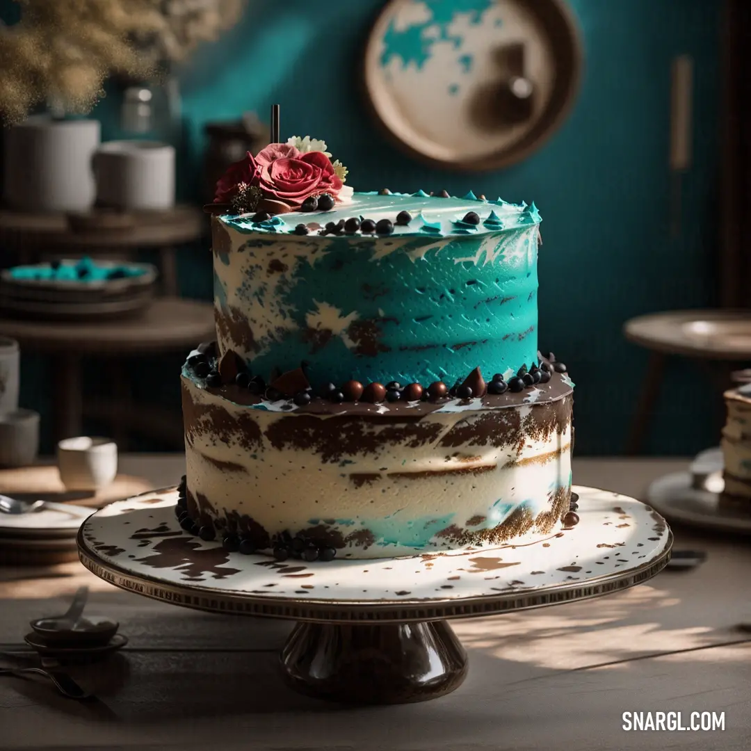 Cake with a flower on top of it on a table with other plates and cups on it and a mirror behind it. Color #00A79F.