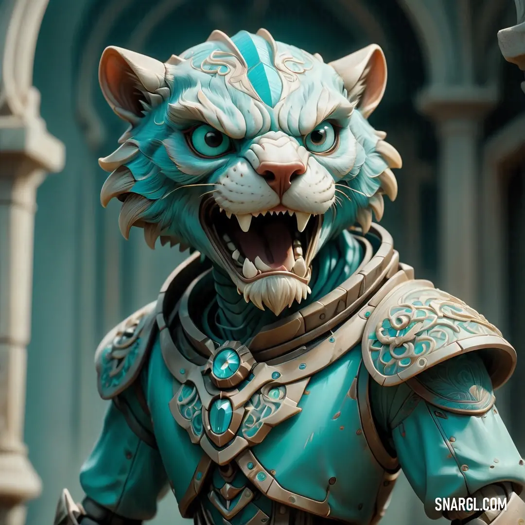 Close up of a statue of a cat with a blue outfit on it's face and a large mouth. Color PANTONE 3272.