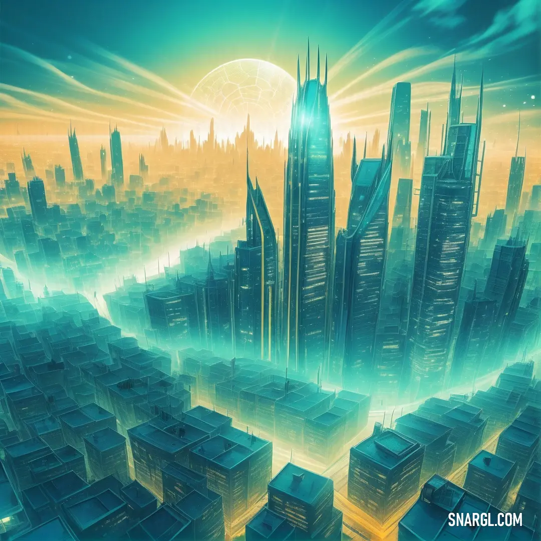 Futuristic city with a futuristic sky background. Color PANTONE 3272.