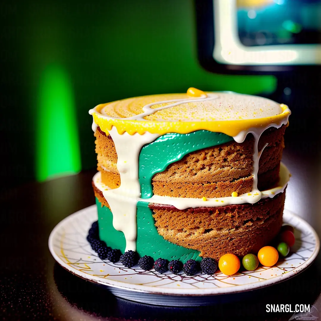 Cake with a green and yellow frosting on a plate on a table with a tv in the background. Example of CMYK 90,0,52,0 color.