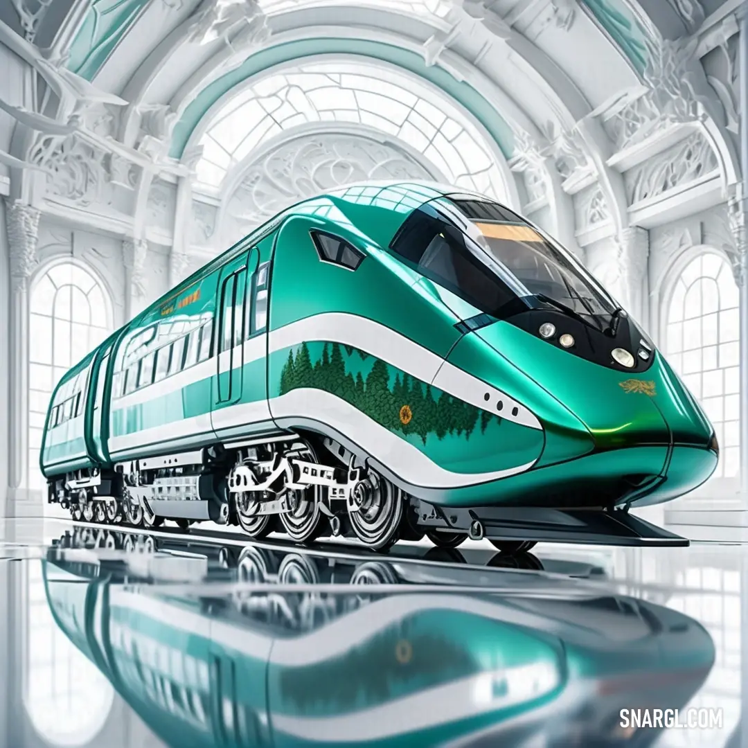 Green train is on a track in a building with arched windows and a skylight above it. Example of RGB 0,168,144 color.