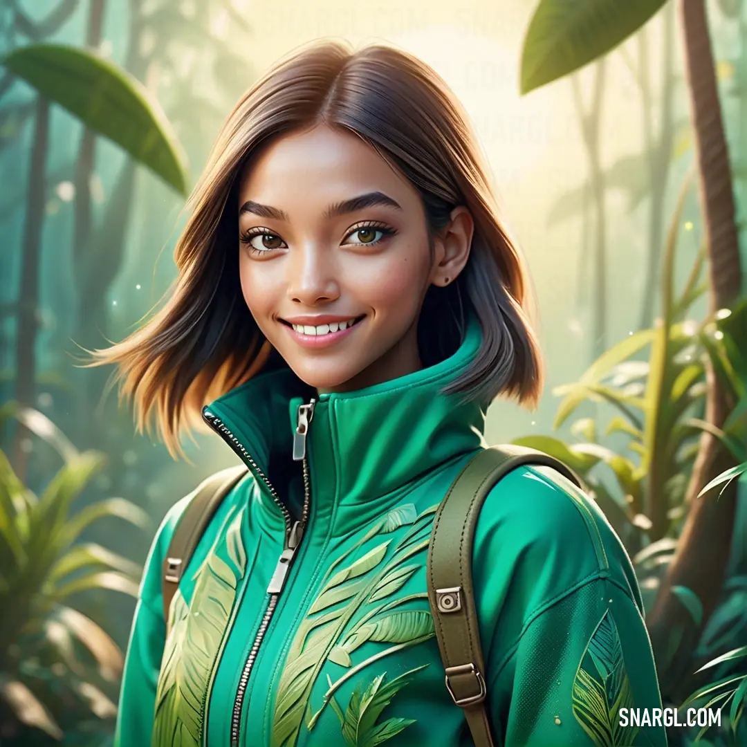 Woman in a green jacket standing in a jungle with a backpack on her shoulder and a smile on her face. Example of CMYK 90,0,52,0 color.