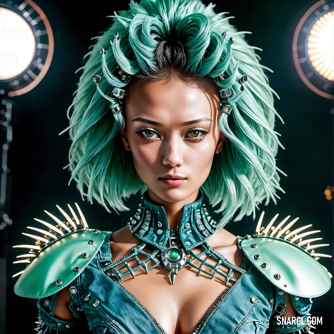 Woman with green hair and a green wig with spikes on her head and a green jacket on her shoulders. Color PANTONE 3275.