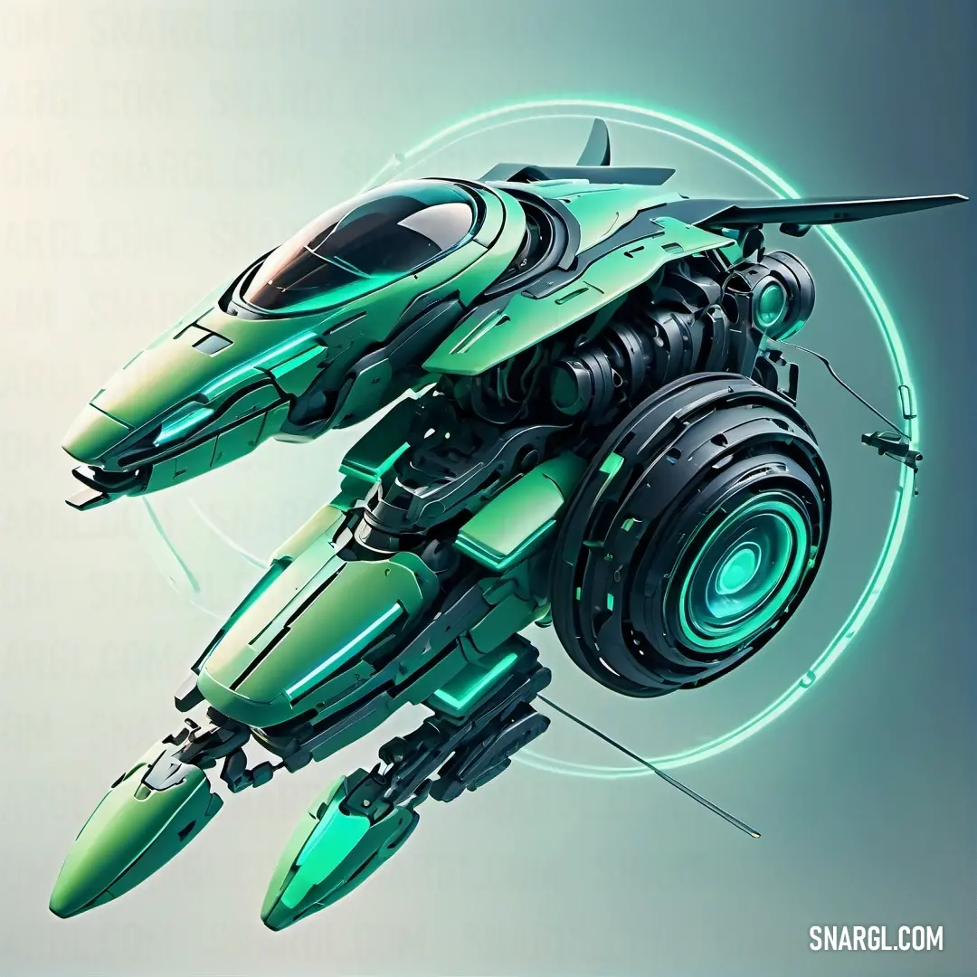 Futuristic green vehicle flying through a blue sky with a green circle around it and a jet engine on the side. Color RGB 0,161,126.