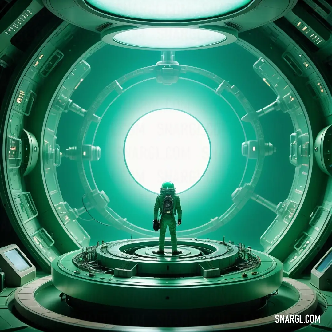 Man standing in a green space with a circular light in the center of the room and a circular light in the middle