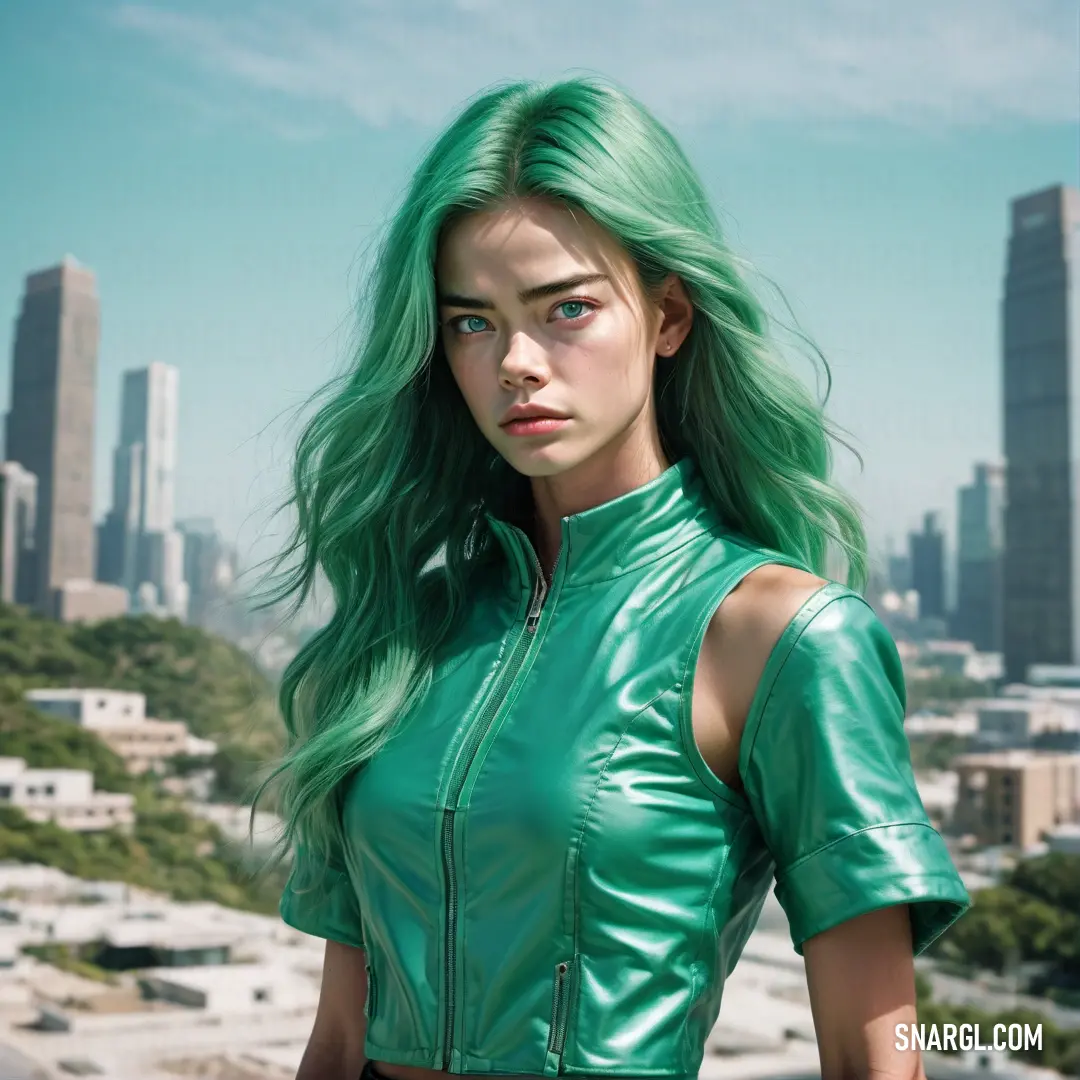 PANTONE 3278 color example: Woman with green hair and a green jacket in front of a city skyline with skyscrapers and buildings