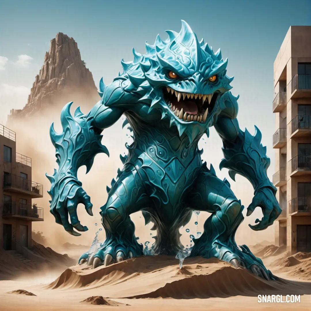 Monster like creature in a desert setting with a building in the background