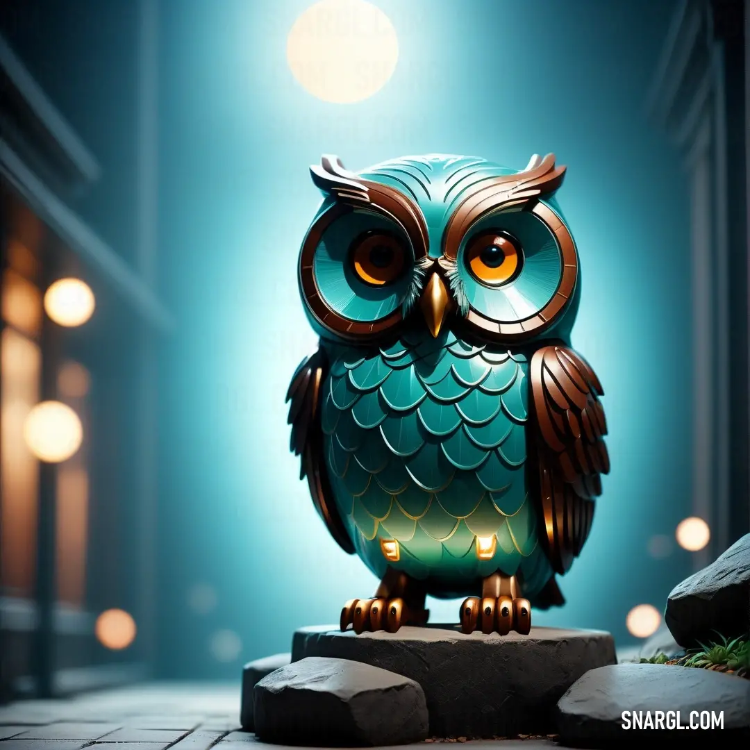 Small owl statue on a rock in a dark room with lights on the ceiling and a blue background. Color PANTONE 328.