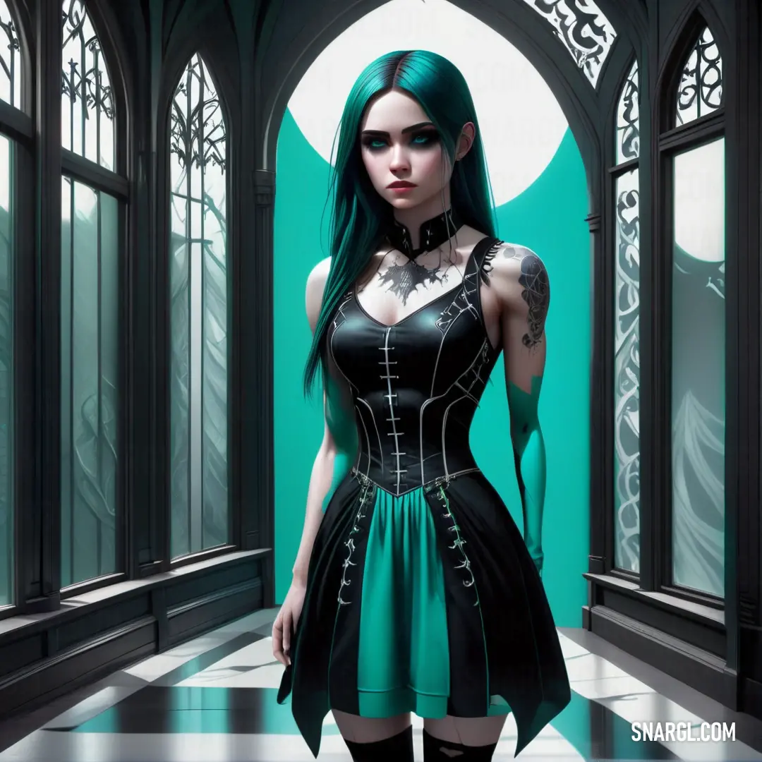 PANTONE 328 color. Woman with green hair and black dress standing in a room with windows and a clock on the wall