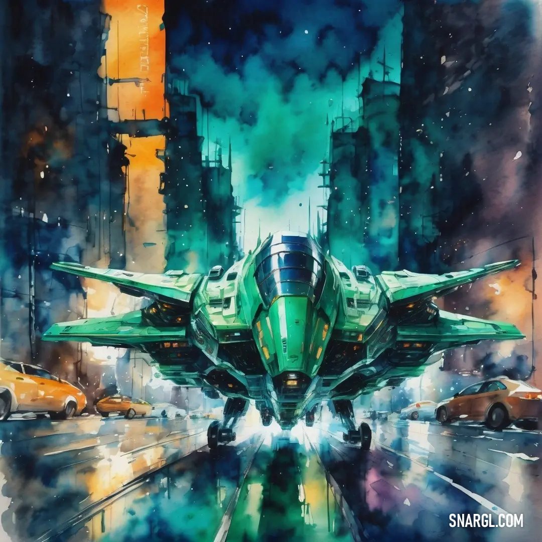 PANTONE 3285 color. Painting of a futuristic city with a green plane in the middle of the street and cars on the street