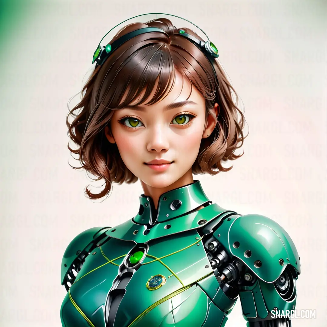 Woman in a green suit with a green helmet and green eyes is posing for a picture with her hands on her hips. Color #00A389.