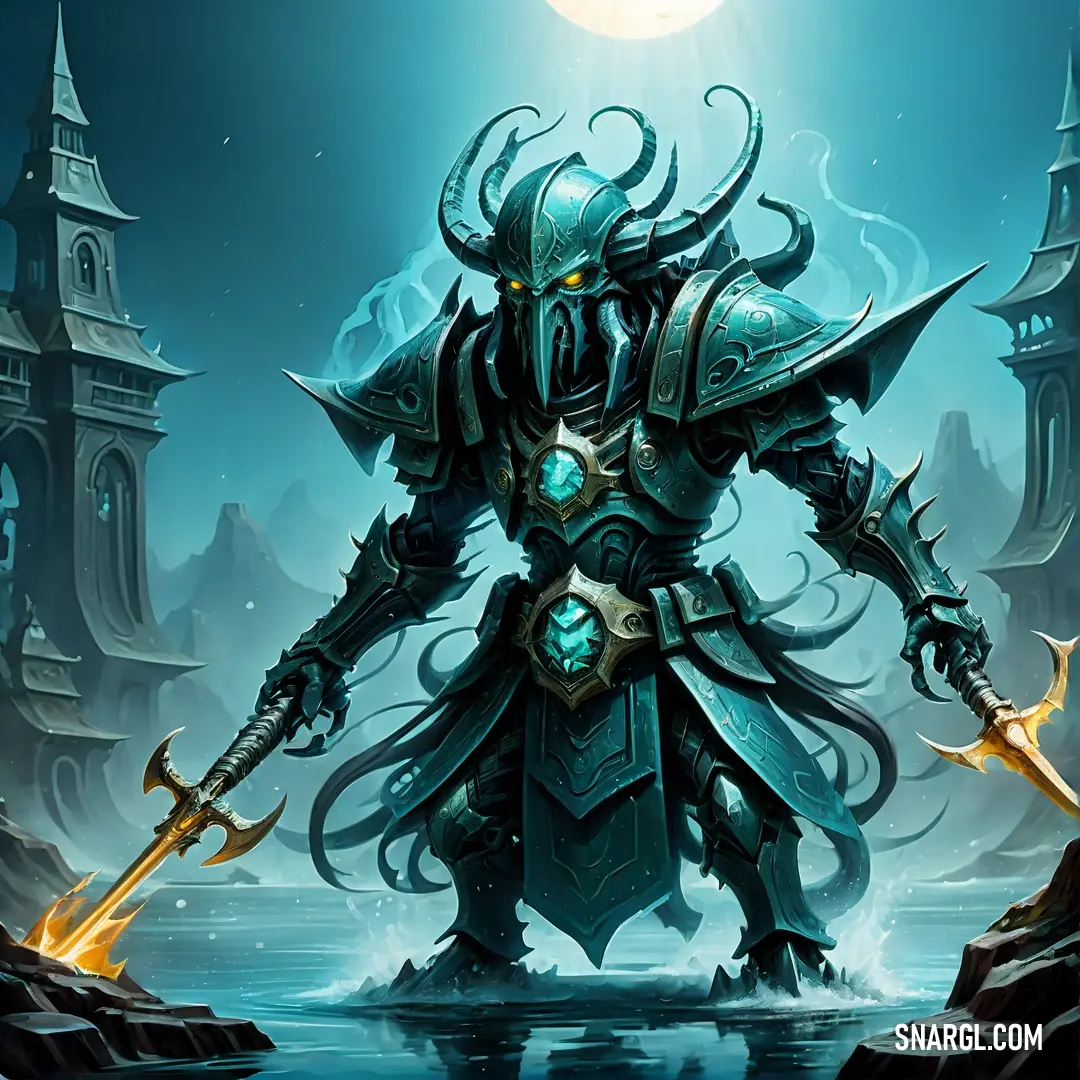 Character in a fantasy game with a sword and a demon like body of water in front of a castle. Color #008E74.