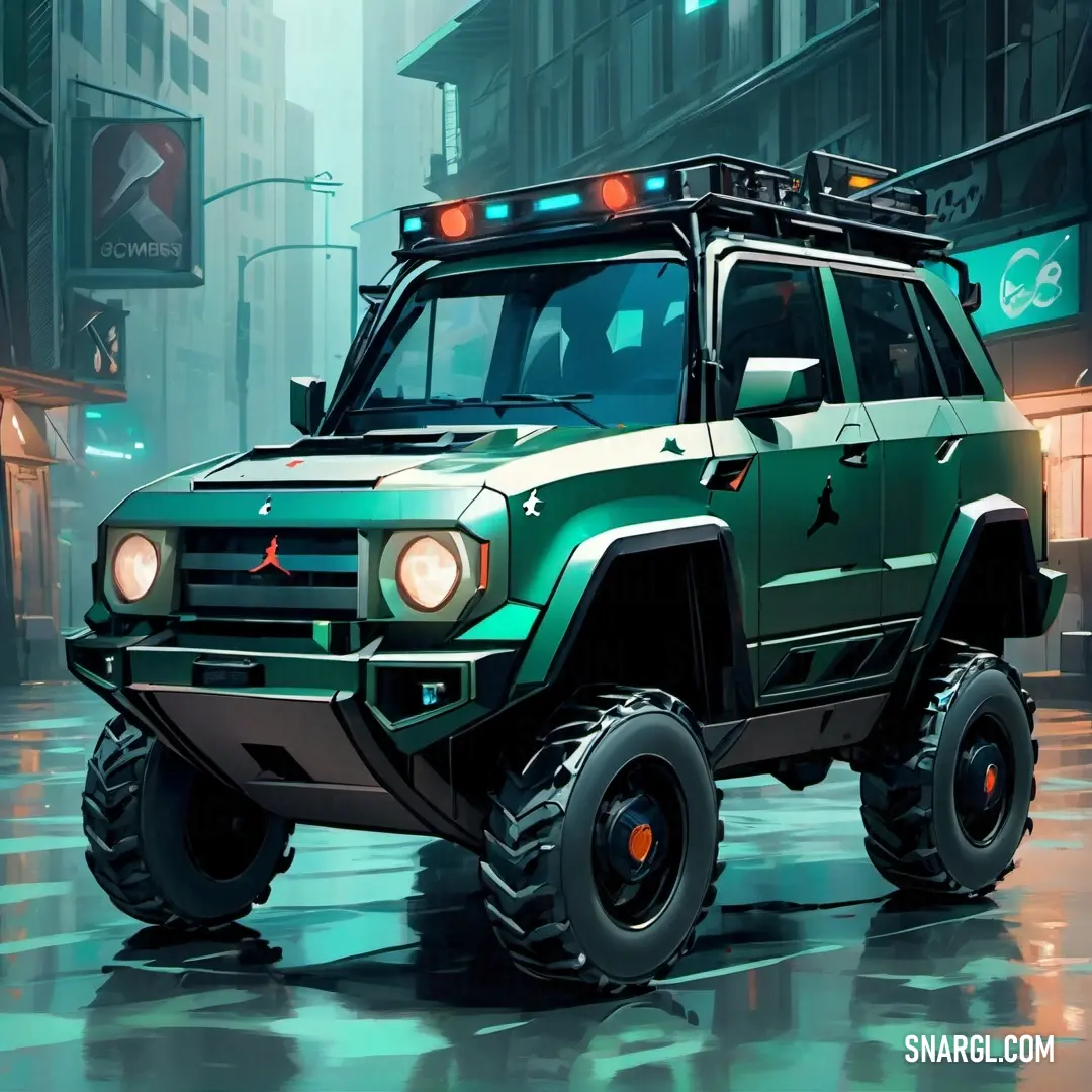Green suv with lights on driving down a street in the rain at night with a city background. Example of CMYK 99,3,68,12 color.