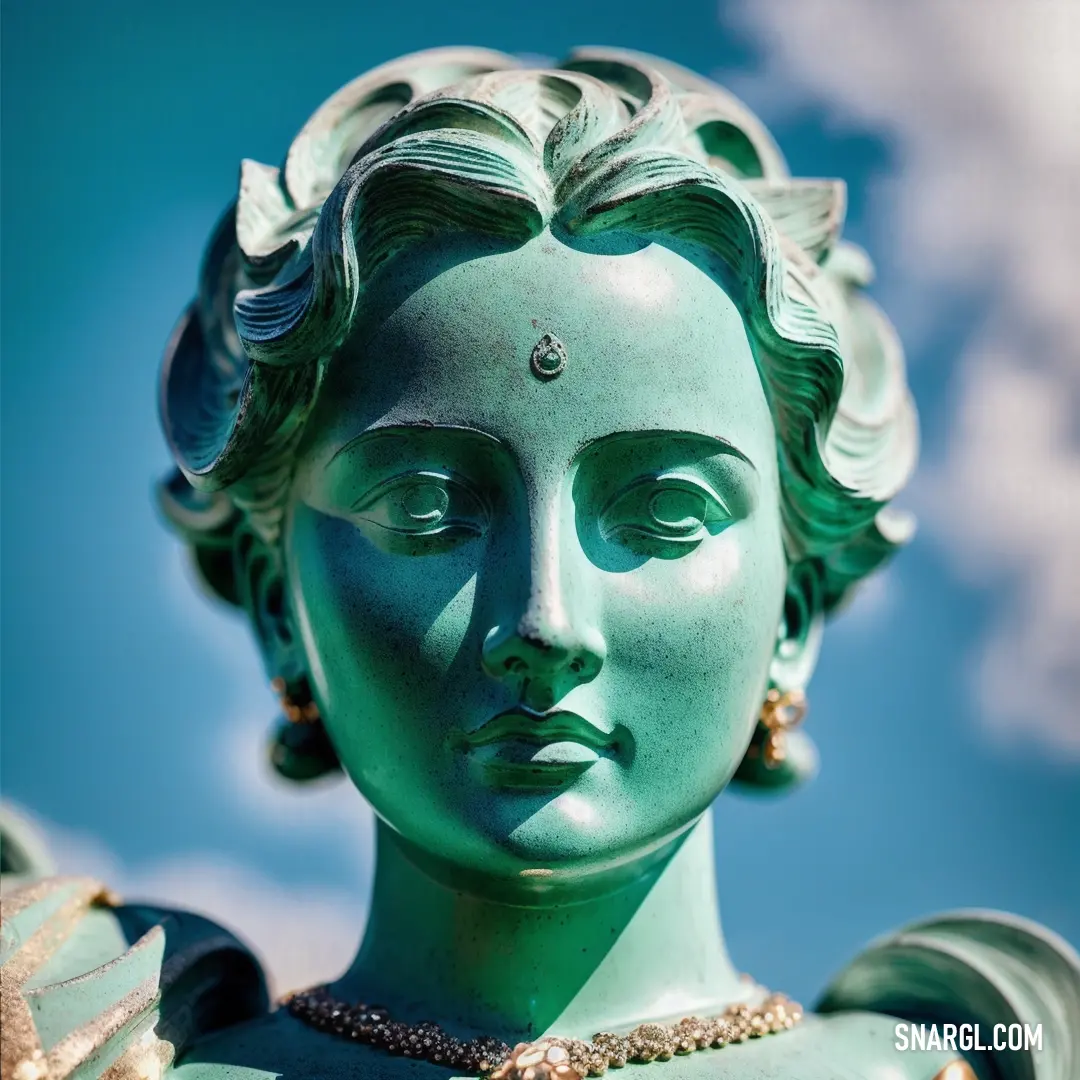 Statue of a woman with a pearl necklace and a necklace on her neck and a sky background. Color RGB 0,142,116.