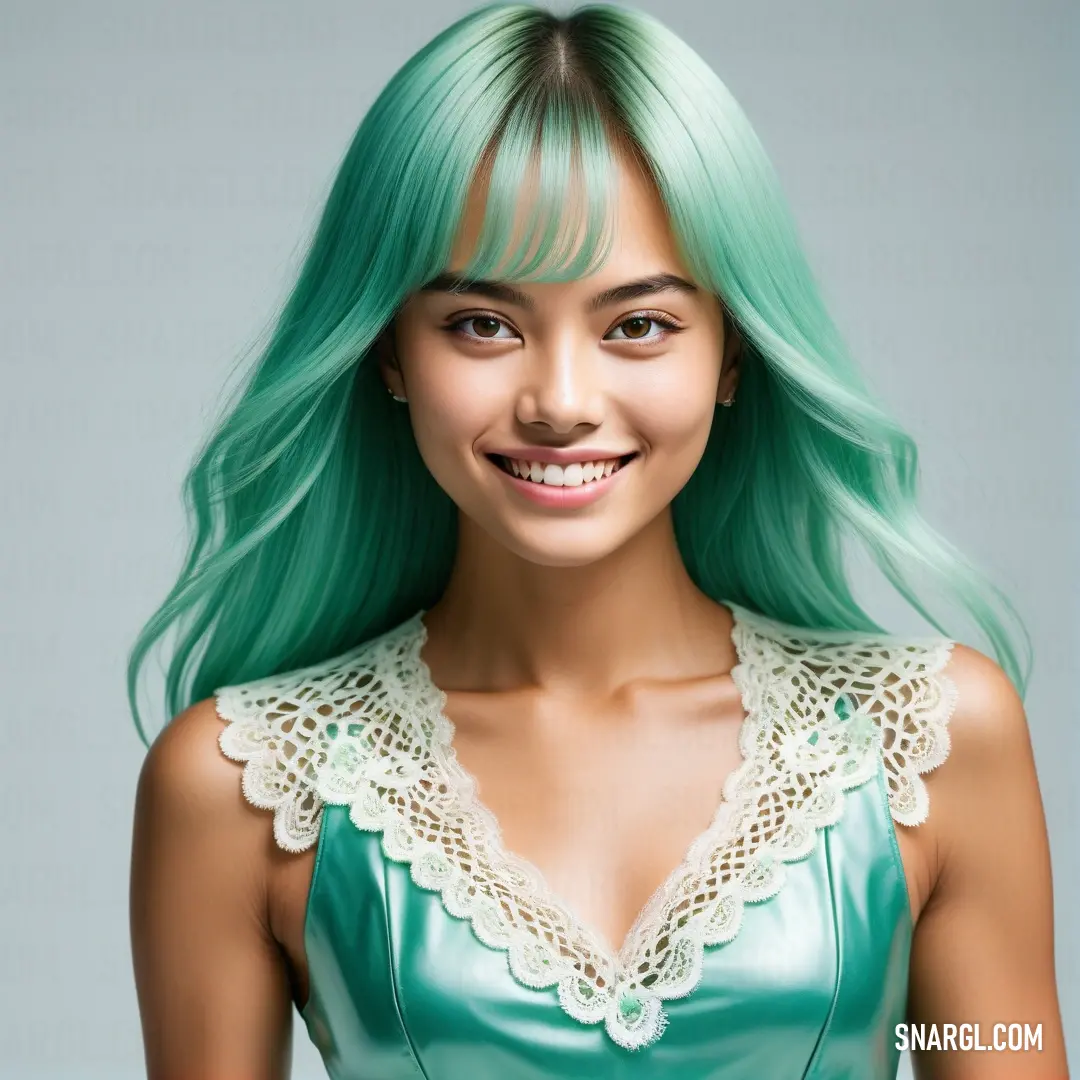 Woman with green hair and a green dress smiling at the camera with a smile on her face and a white lace collar