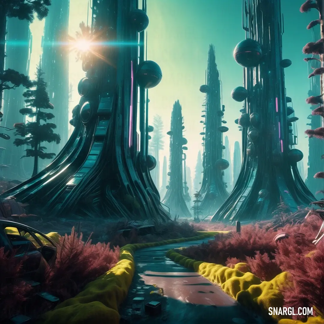 Futuristic city with a futuristic looking landscape and trees in the background. Color PANTONE 329.