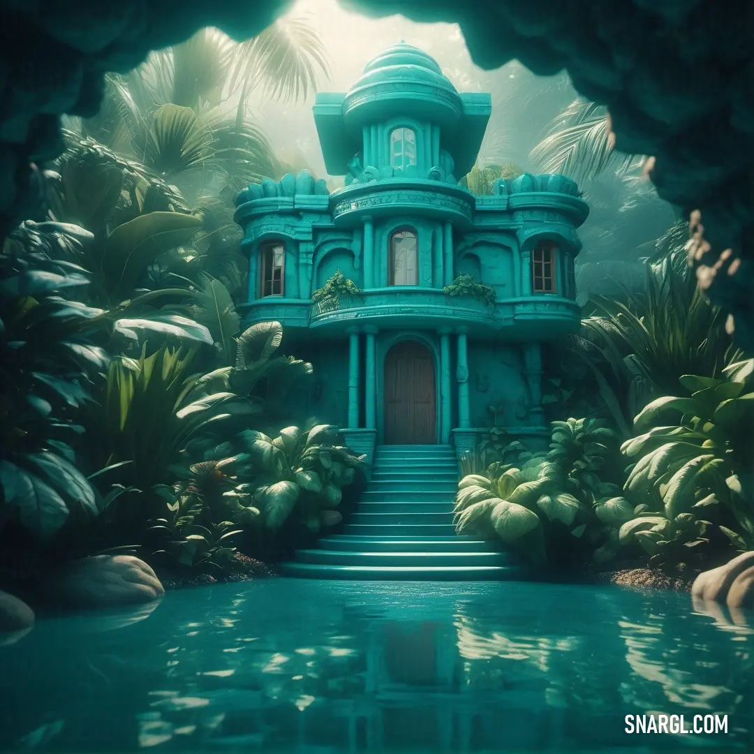 House in the middle of a jungle with a pool in front of it and a staircase leading to it. Color RGB 0,106,95.