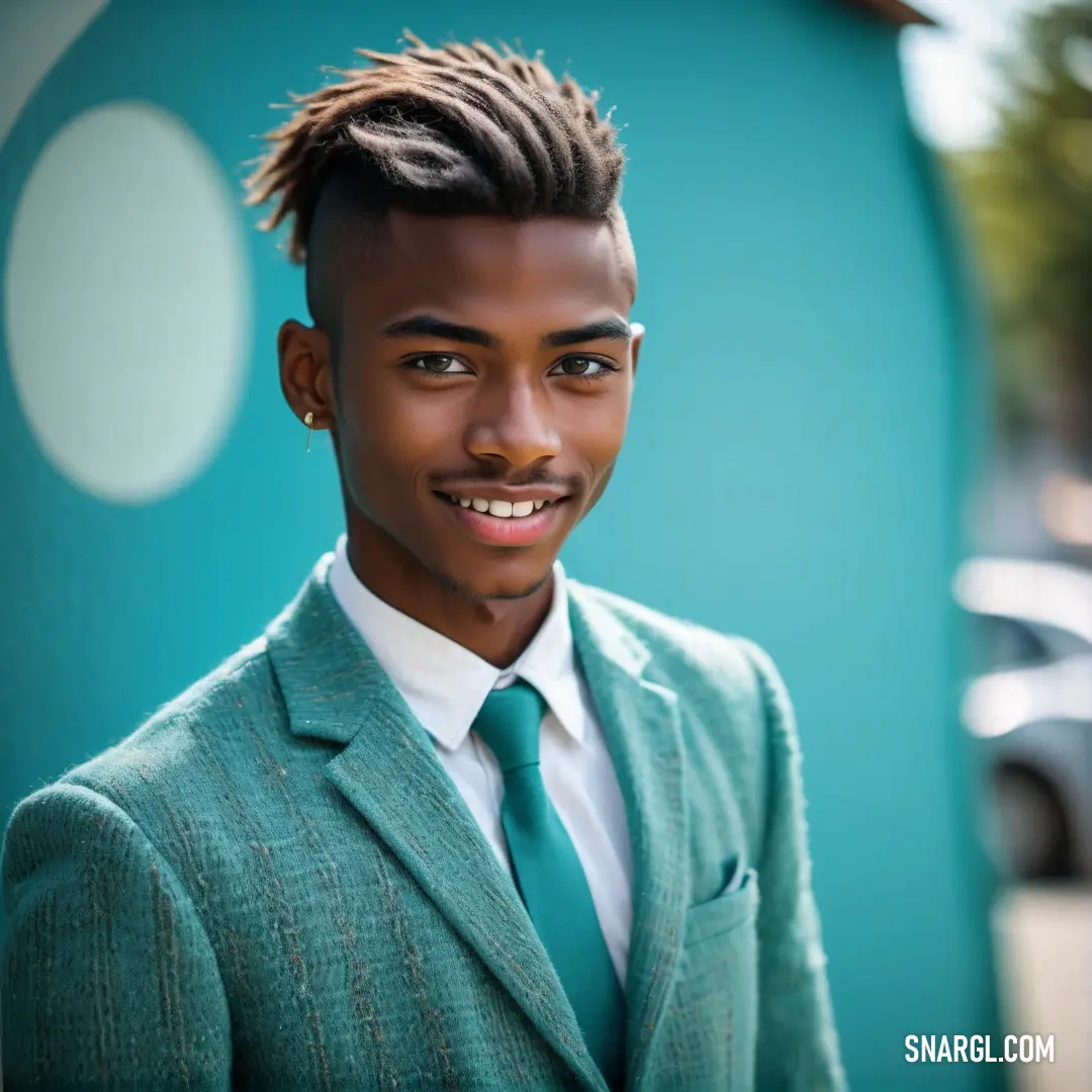 PANTONE 329 color example: Man with a green suit and tie smiling at the camera with a blue background and a green wall behind him