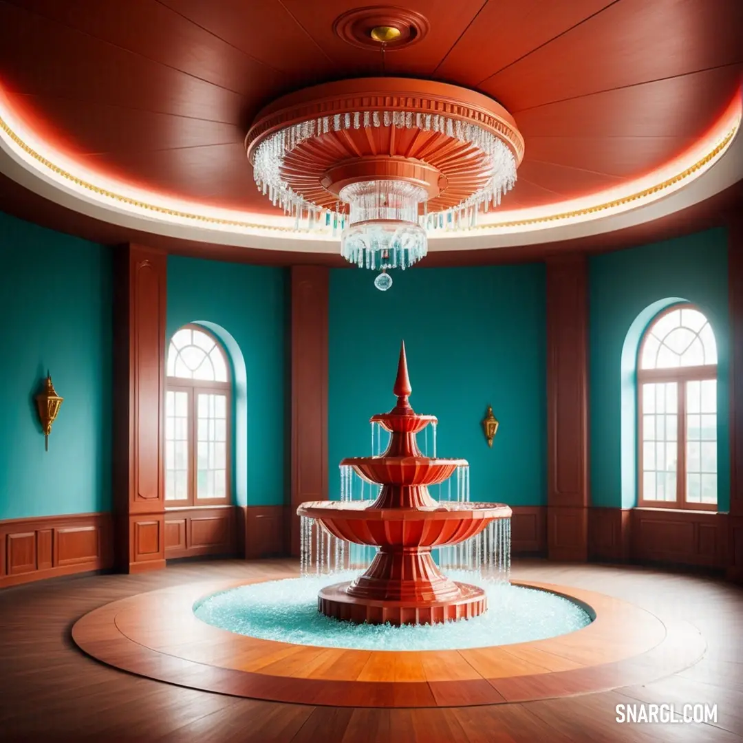 Large fountain in a room with two windows and a chandelier hanging from the ceiling above it. Color #006759.