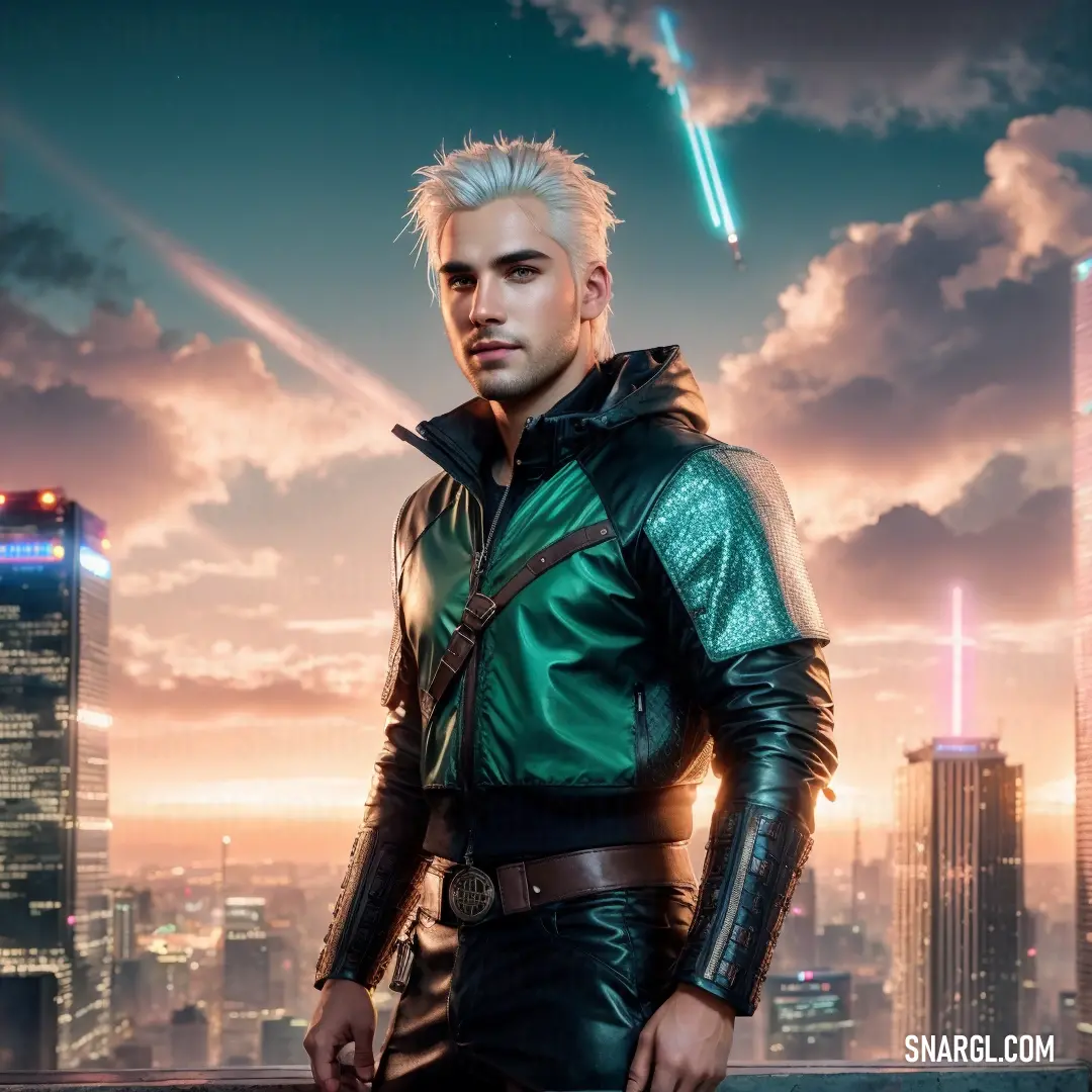 Man in a green leather outfit standing in front of a city skyline at night with a bright light. Example of PANTONE 3292 color.