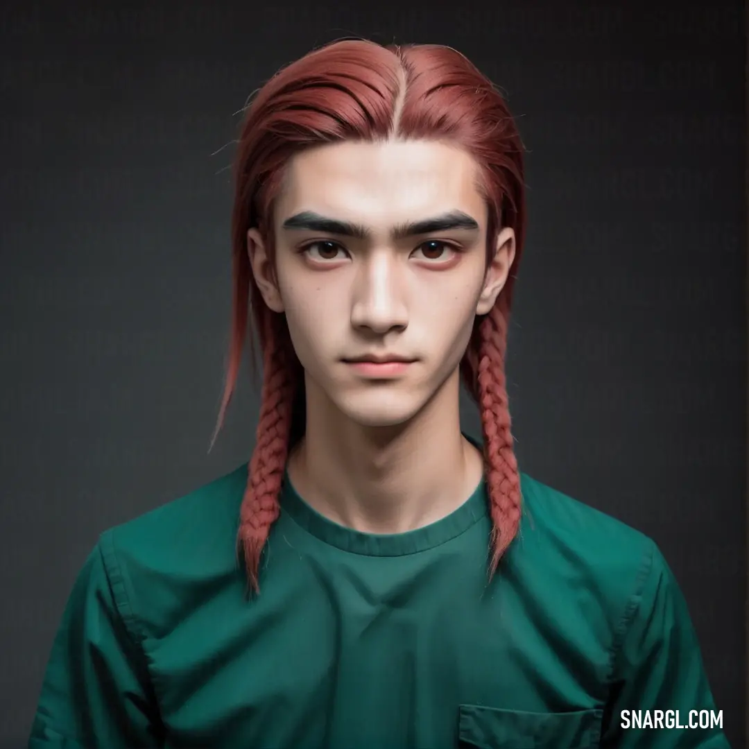 PANTONE 3292 color. Man with long red hair and a green shirt with a long braid on his head and a green shirt on his chest