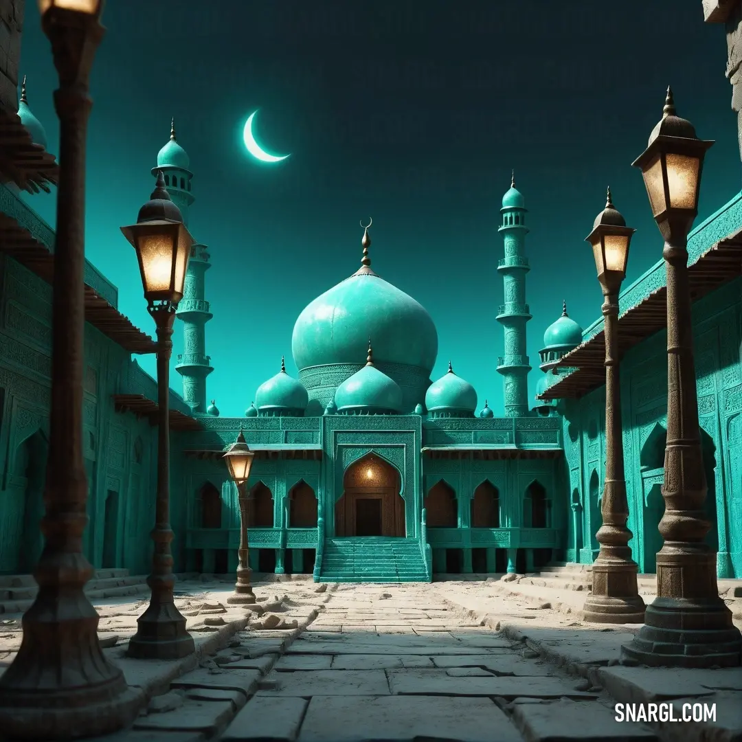 Large building with a green dome and a crescent moon in the sky above it