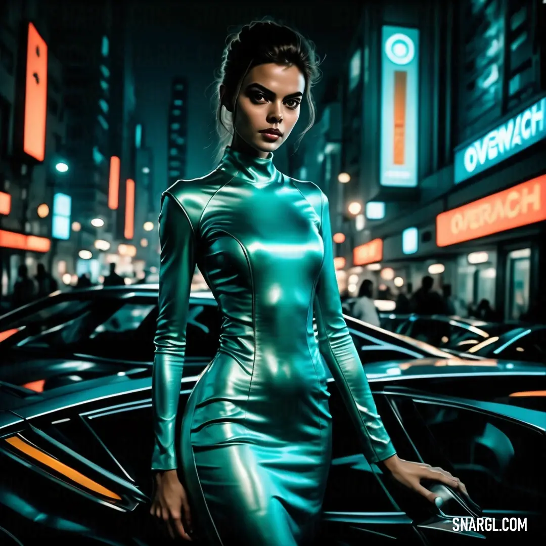 Woman in a green dress standing next to a car in a city at night with neon lights on the buildings. Color PANTONE 3295.