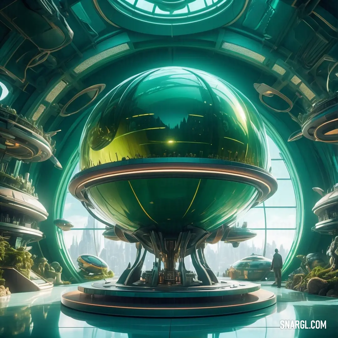 Futuristic city with a giant green globe in the center of the room and people standing around it in the distance