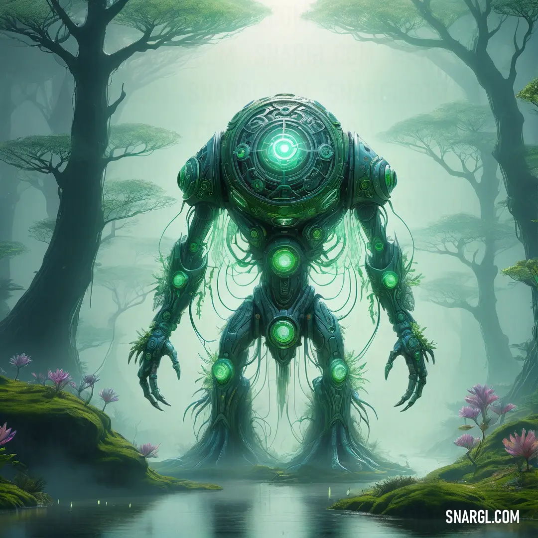 Futuristic creature standing in a forest with a pond in front of it and glowing eyes on its face. Color RGB 38,92,80.