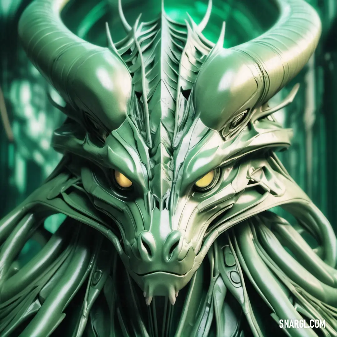 Green dragon with yellow eyes and horns on it's head is shown in a digital painting style. Example of #1F584B color.
