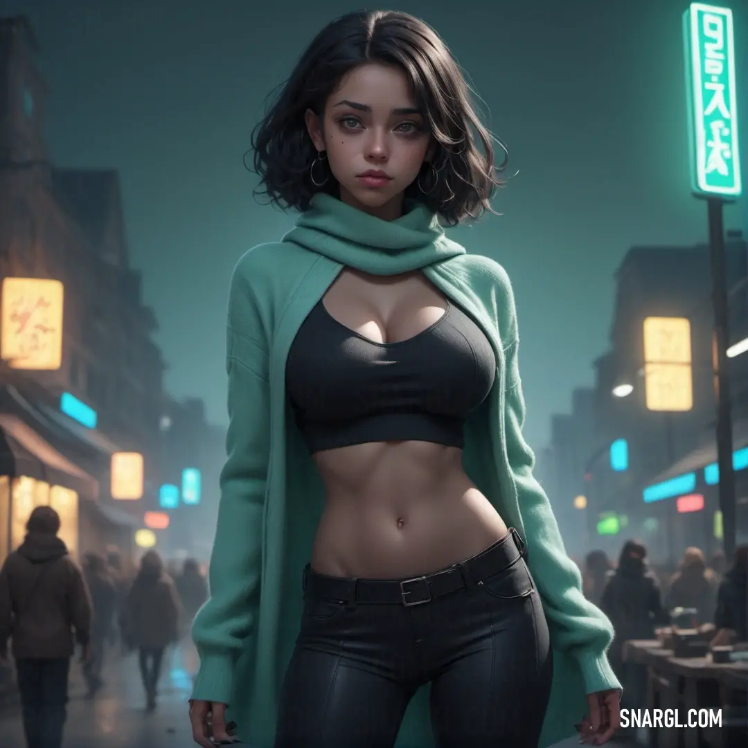 Woman in a bra top and leather pants standing in the street at night with a neon sign in the background. Example of #1F584B color.