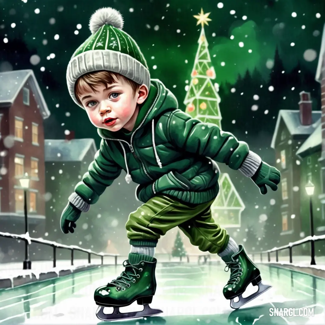 Boy skates on a skating rink in a winter scene with a christmas tree in the background. Color #1A5243.