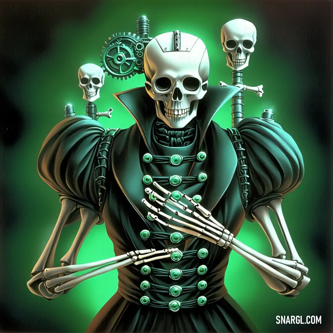 PANTONE 3305 color. Skeleton with a skeleton head and two arms holding two skeleton hands in front of a green background