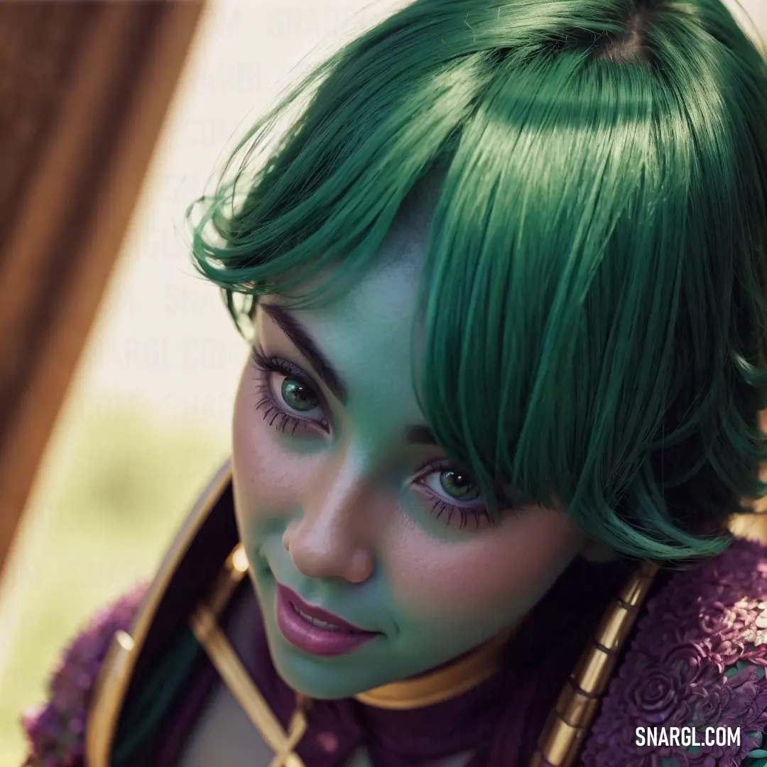 Woman with green hair and a purple shirt and a gold necklace and necklace necklace on her neck and a green wig