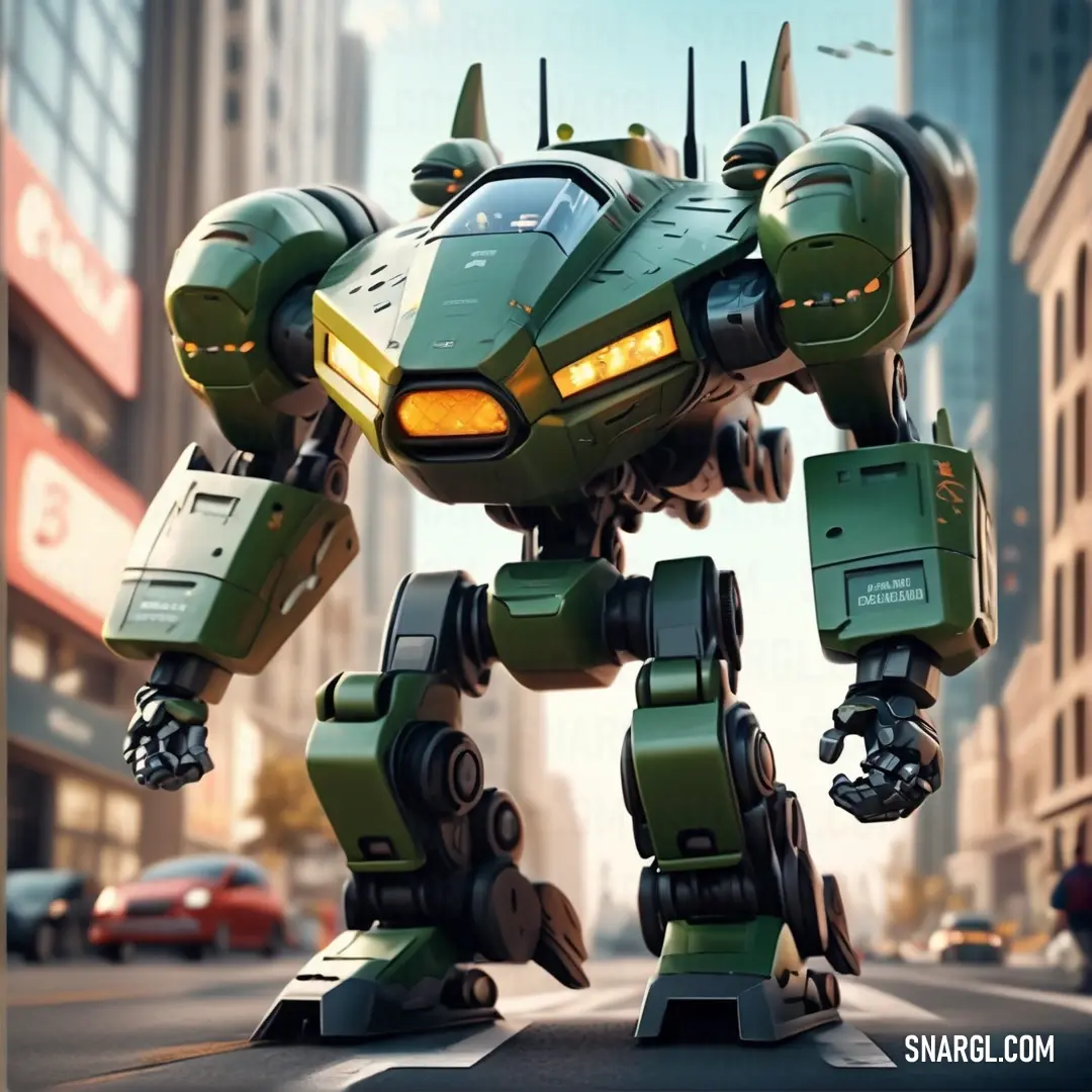 Green robot is standing in the middle of a street with cars in the background. Color #17493C.