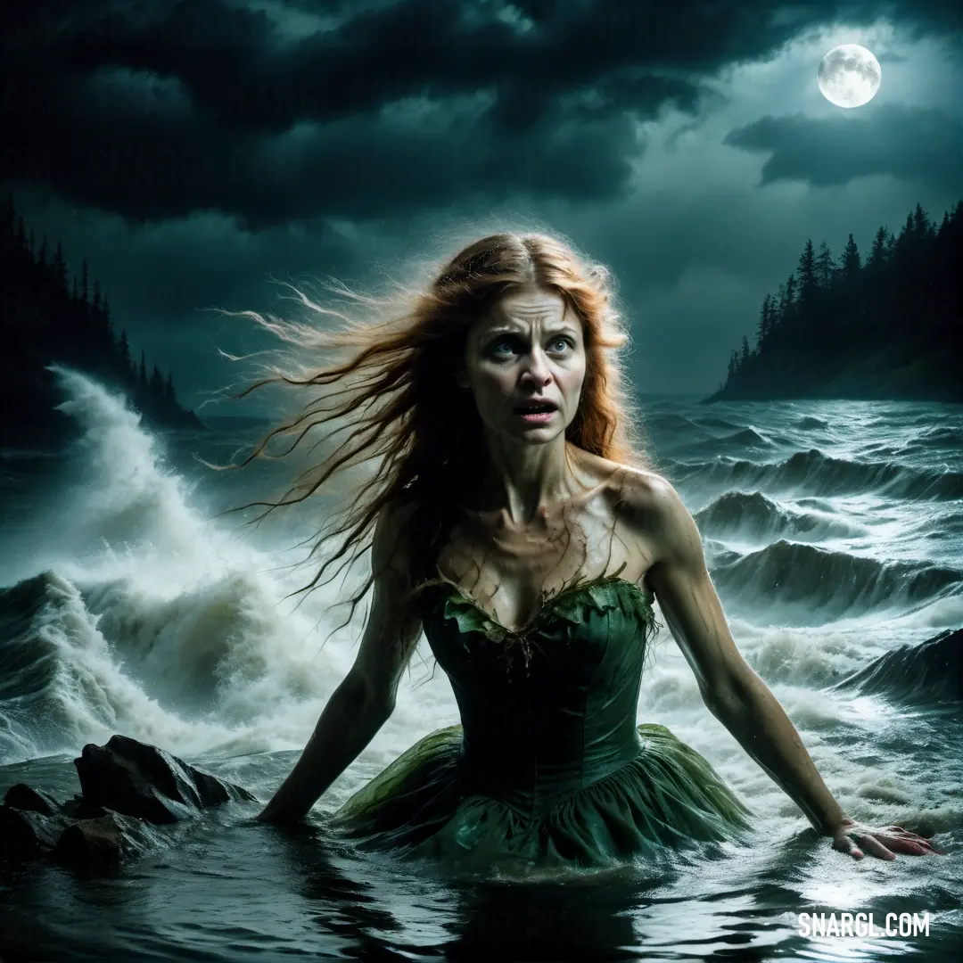 Woman in a green dress in the water with a full moon in the background. Color PANTONE 3308.