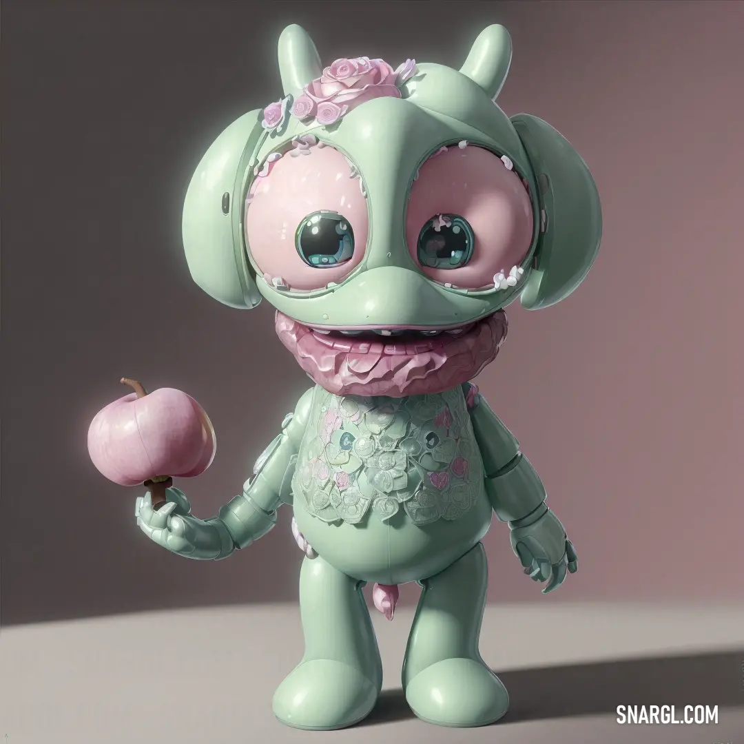 Little green creature holding a pink apple in its hand and wearing a pink dress. Color RGB 189,221,210.