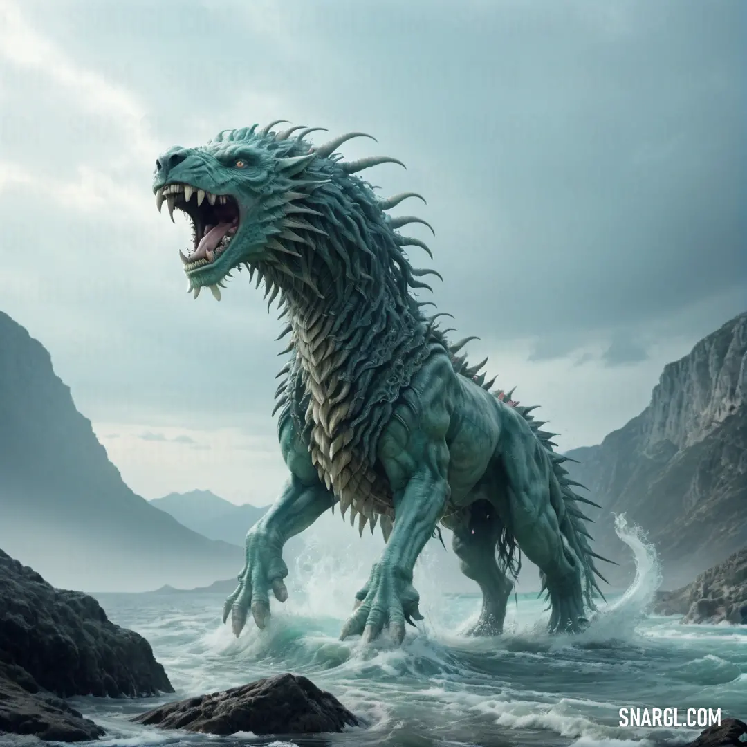 Large green dragon standing on top of a rocky beach next to a body of water with a mountain in the background. Example of #B1D8CC color.