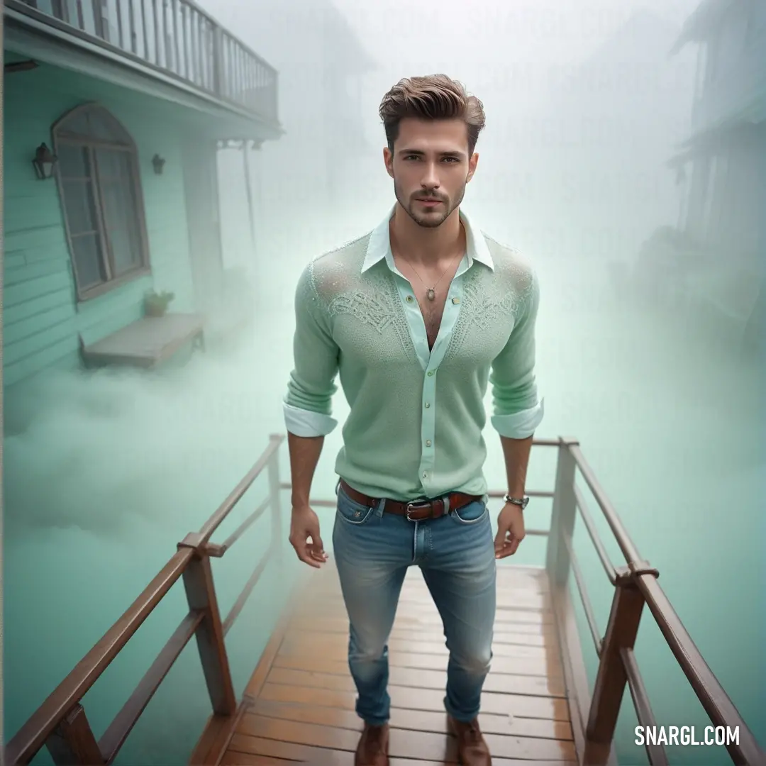 Man standing on a wooden bridge in front of a house with a green shirt on and a brown belt. Color PANTONE 332.