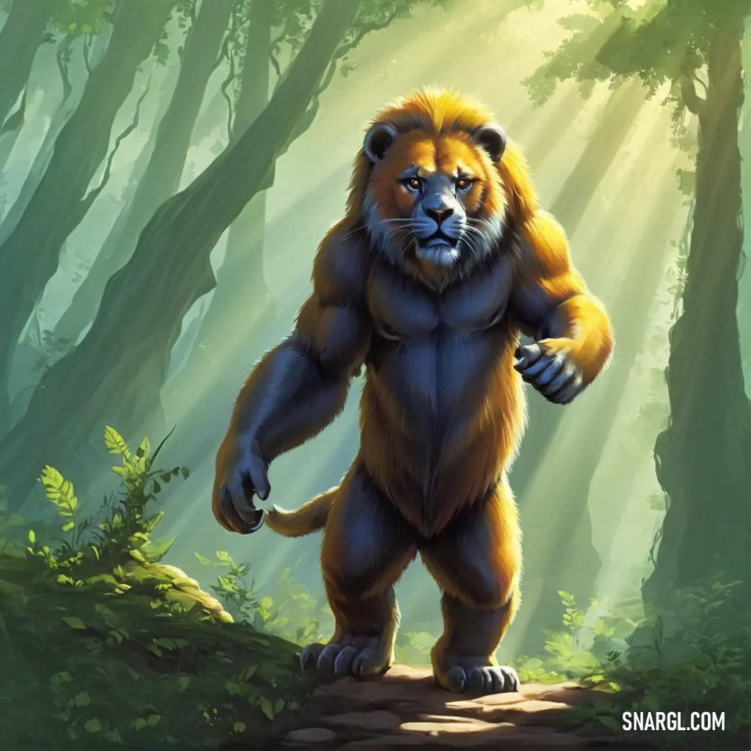 Painting of a bear in the woods with sunlight streaming through the trees behind it and a path leading to the bear