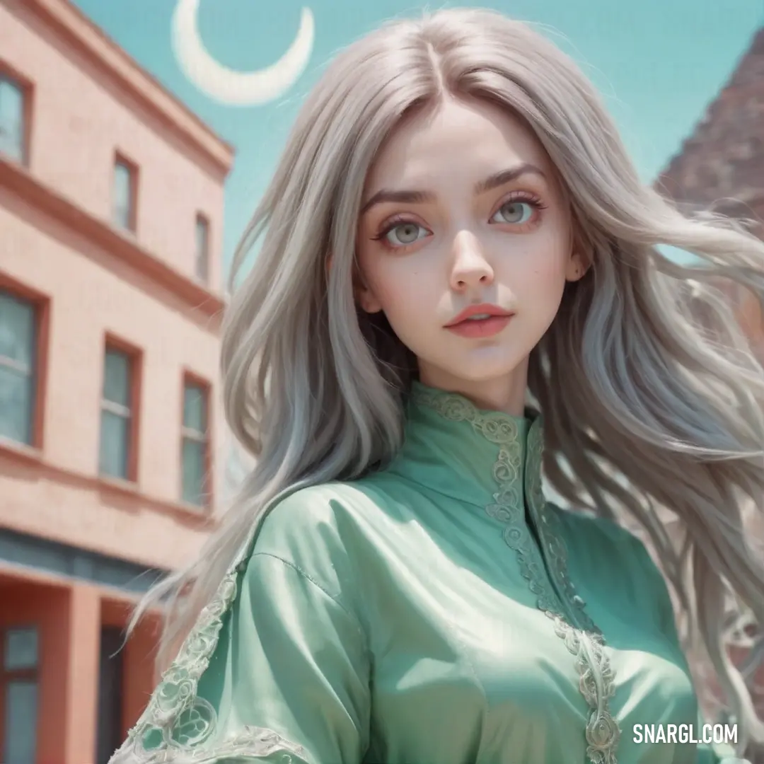 PANTONE 332 color. Woman with long gray hair and a green shirt on a street corner with a crescent in the background