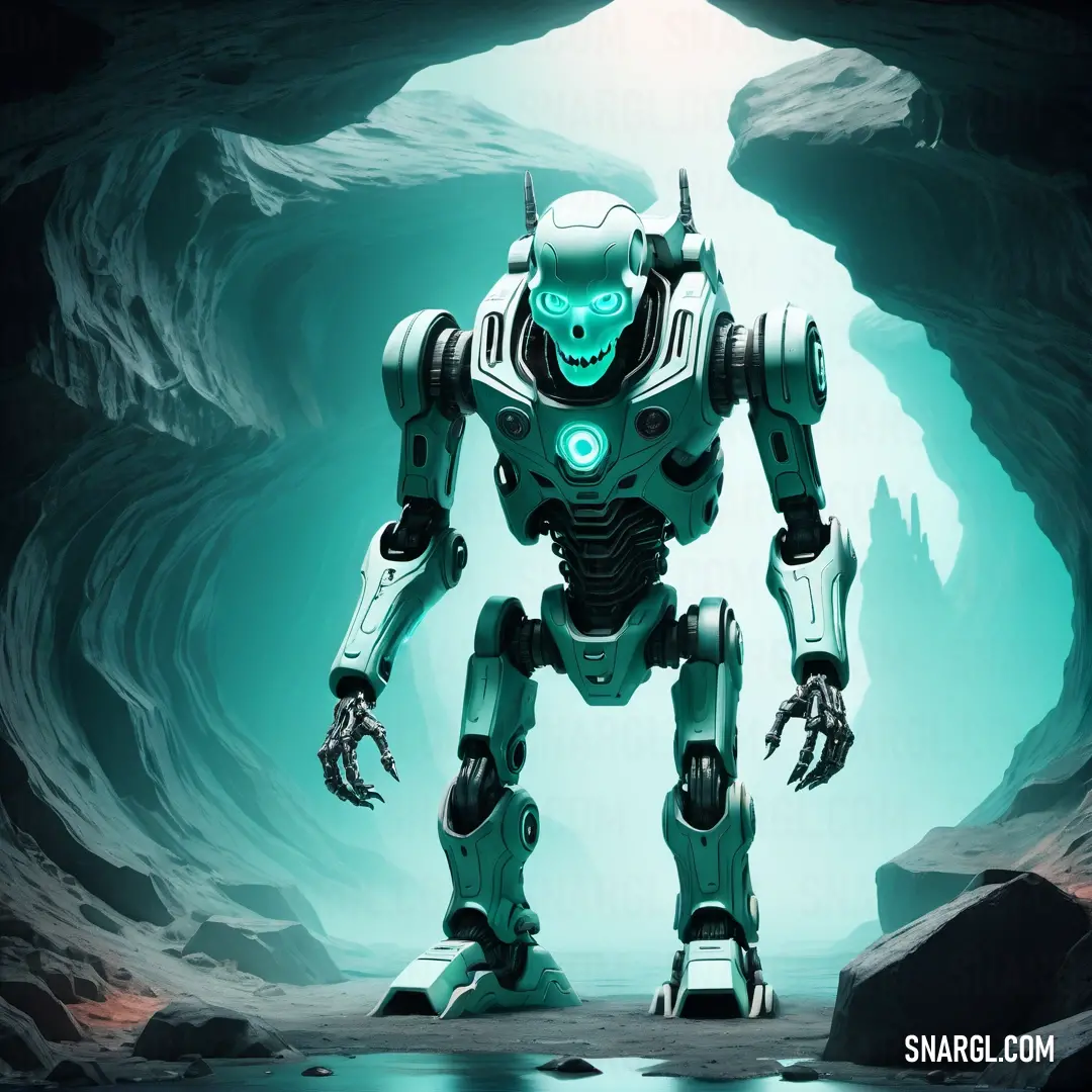 Robot standing in a cave with a light on his face. Color #B1D8CC.