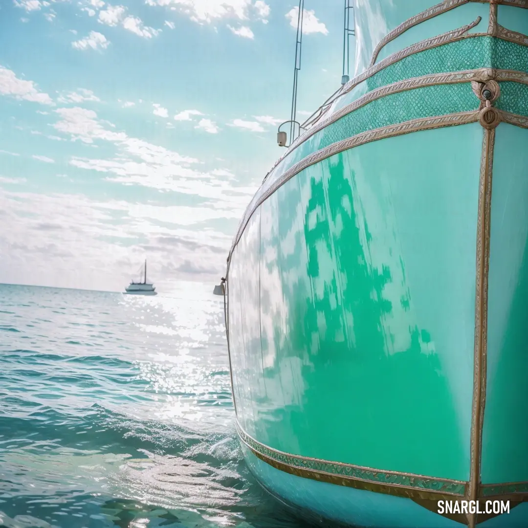 Boat is in the water near the shore line of the ocean with a sailboat in the distance. Color PANTONE 333.