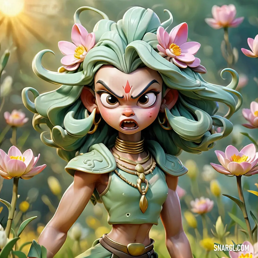 Cartoon character with a green hair and a flower in her hair. Example of PANTONE 333 color.