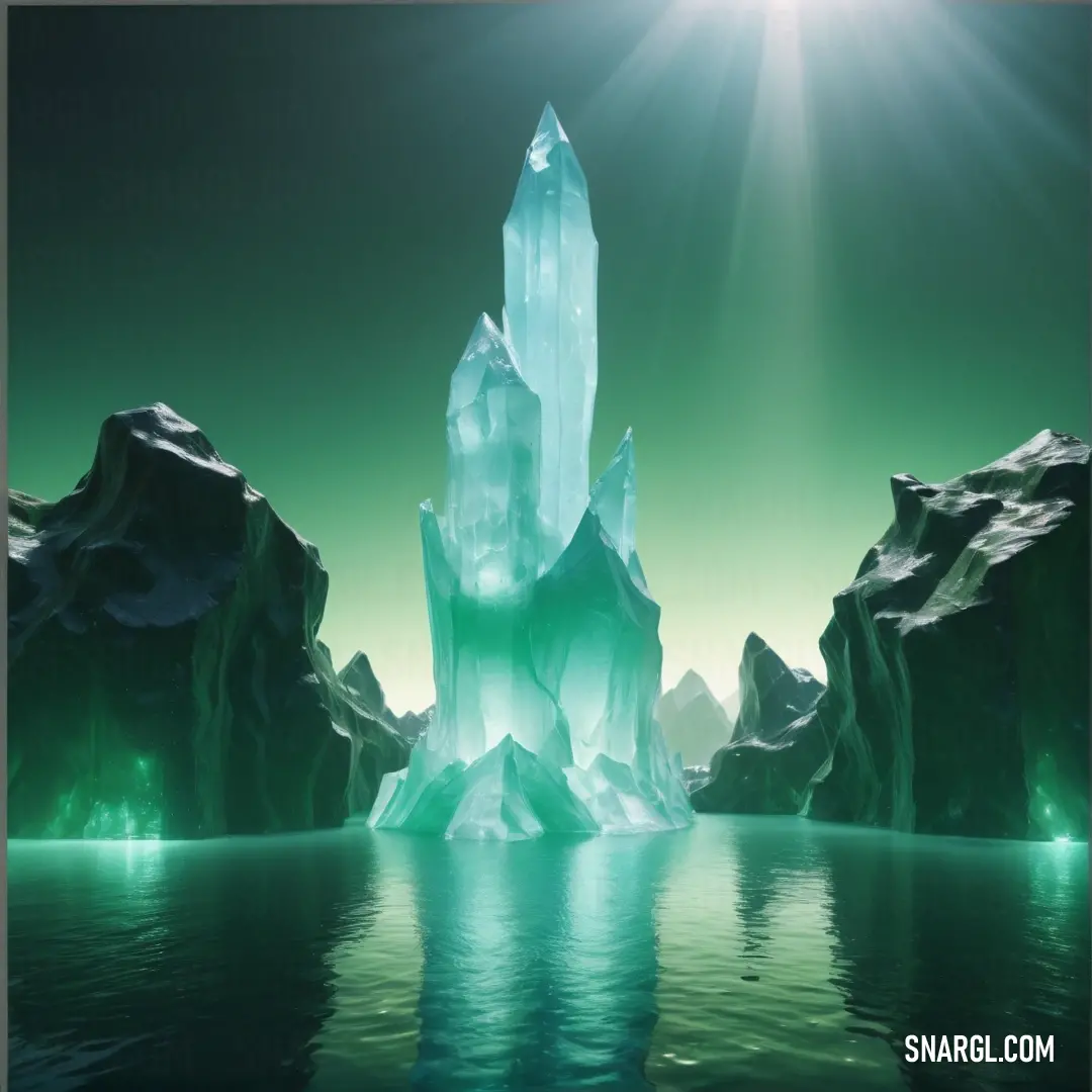 Large iceberg floating in the middle of a lake surrounded by rocks and icebergs in the background. Example of PANTONE 333 color.