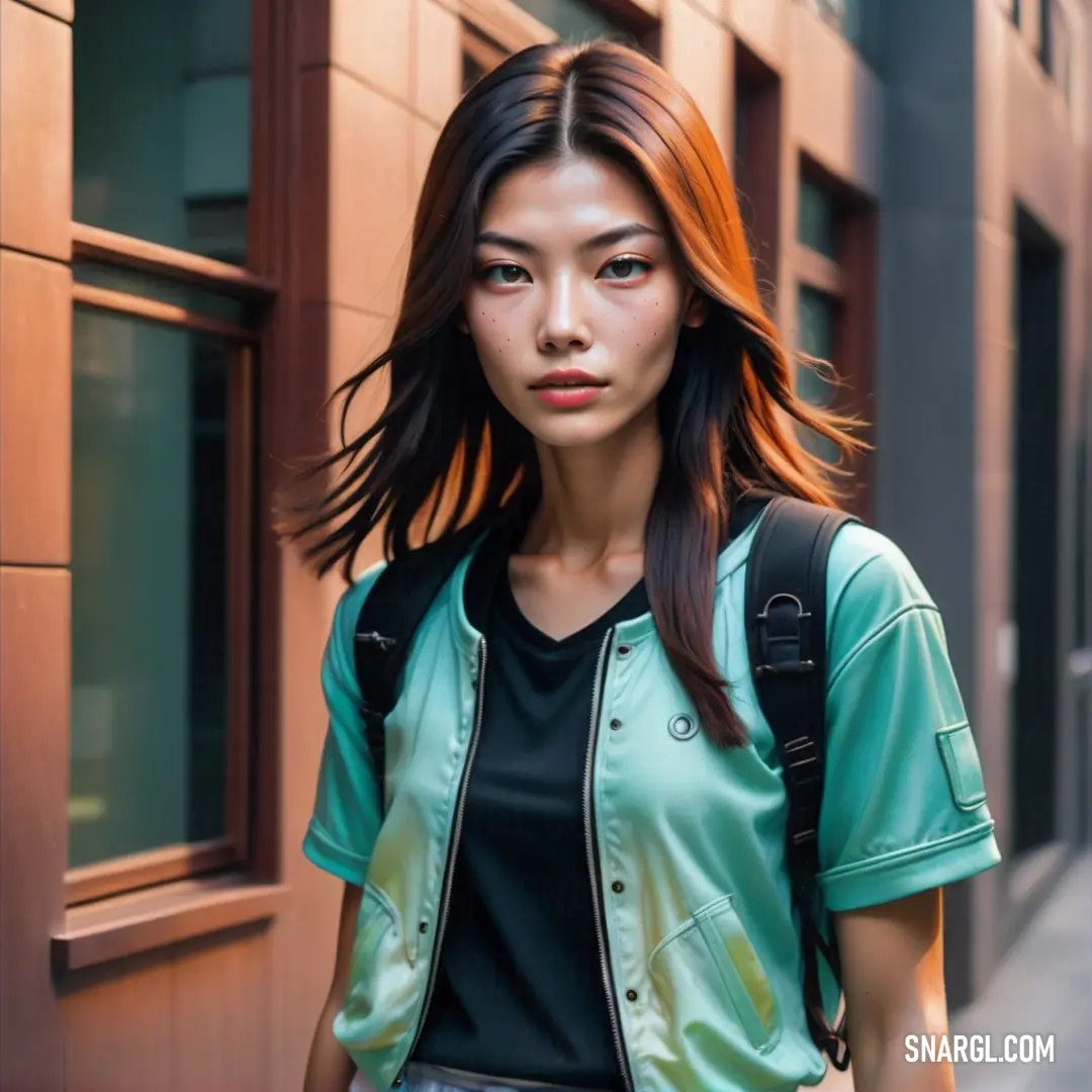 Woman with long hair and a green jacket on walking down a street with a backpack on her shoulder. Example of PANTONE 333 color.