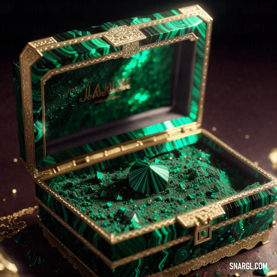 Green and gold box with a umbrella inside of it on a table with gold decorations around it and a black background