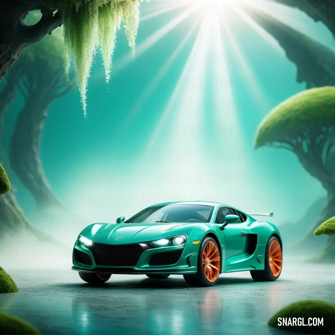Green sports car parked in a forest with bright orange wheels and rims on the tires of the car. Example of CMYK 99,0,70,0 color.