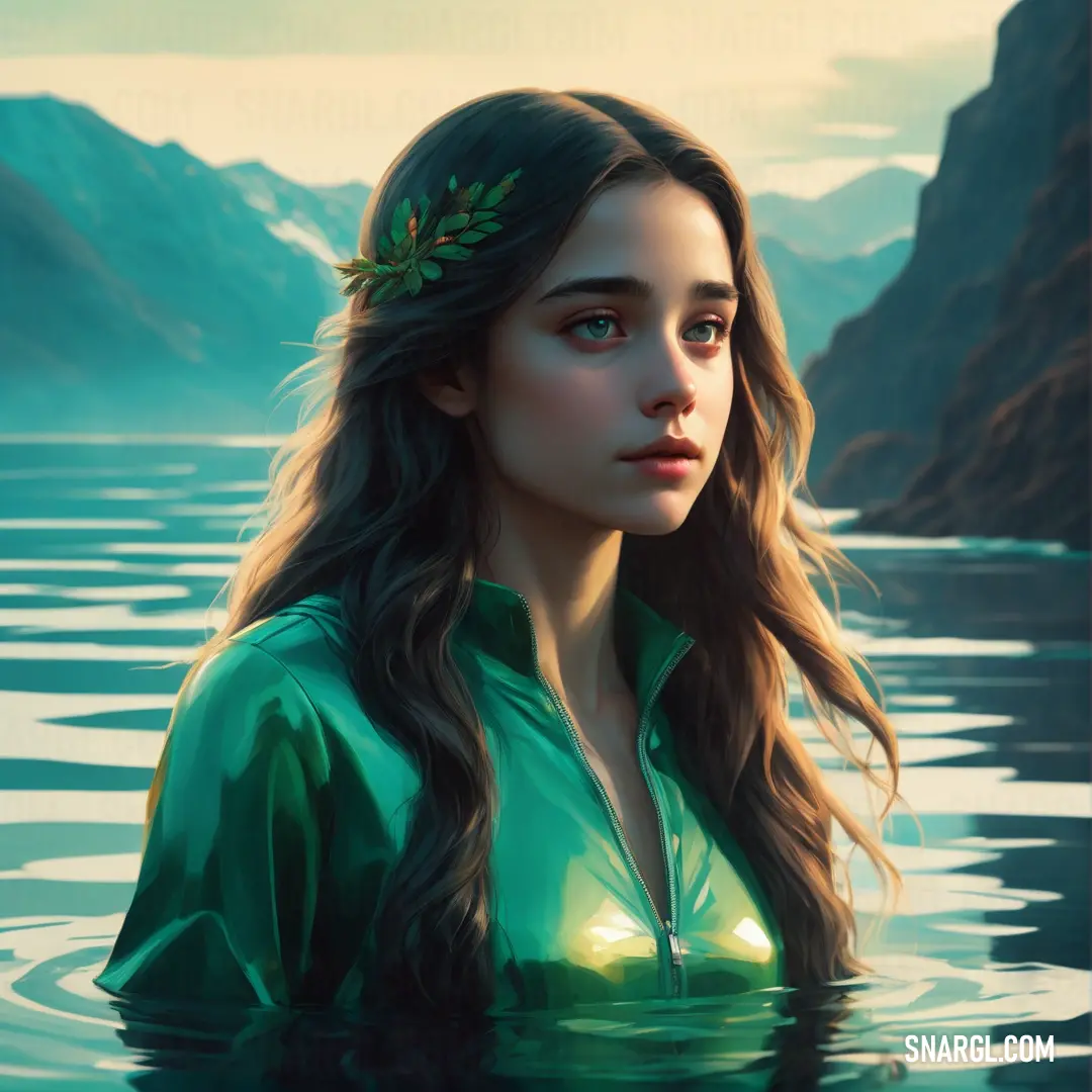 Painting of a woman in a green shirt in the water with mountains in the background. Color #009A6E.